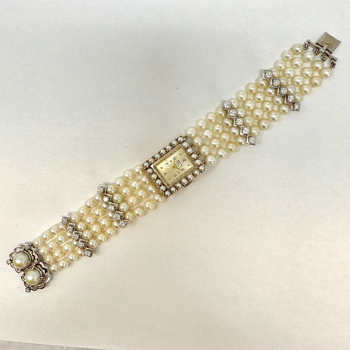 Amnon 17 Jewel Watch with 4 Strand Pearl Strap and Diamonds