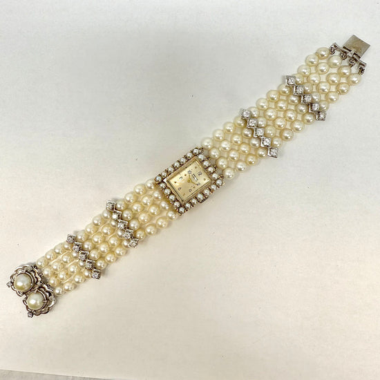 Amnon 17 Jewel Watch with 4 Strand Pearl Strap and Diamonds