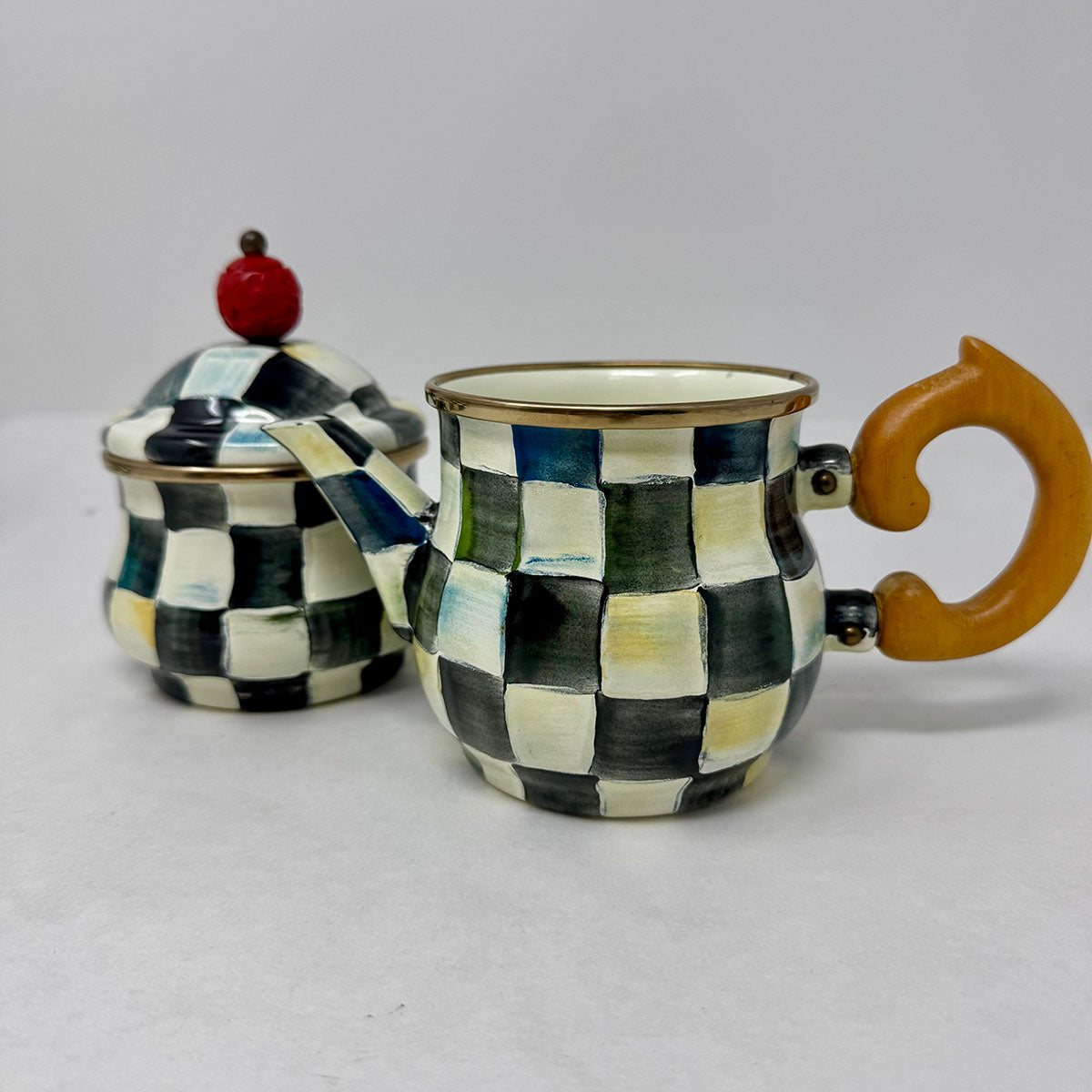 Mackenzie-childs coffee pot, creamer, sugar stacking set (4 pieces)