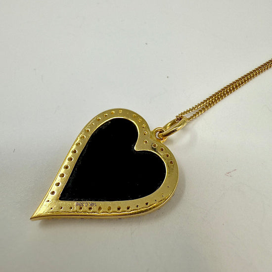 14K Gold Necklace with Black Onyx Heart Pendant with Diamond Trim