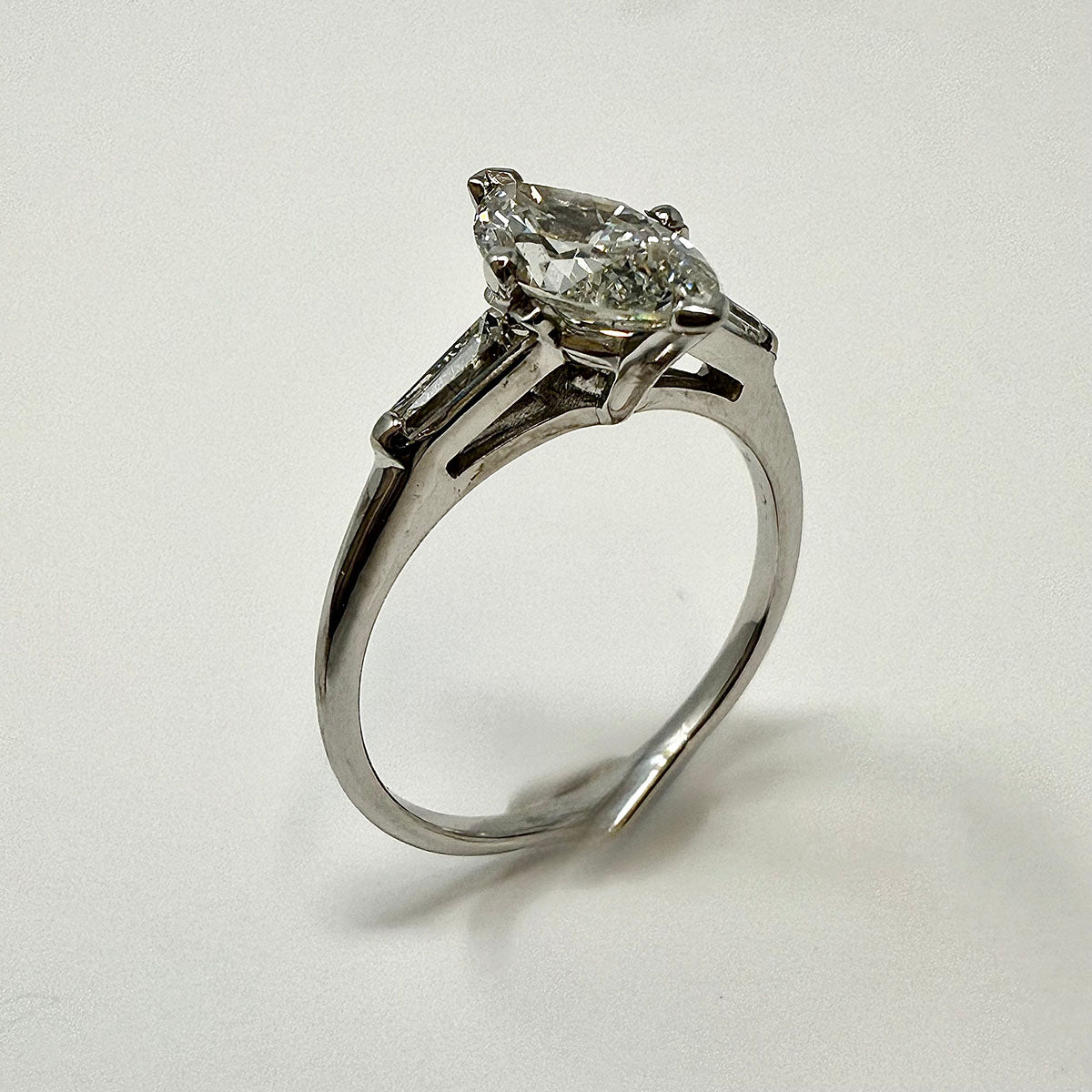 14K White Gold Ring with Marquise and 2 Baguette Diamonds