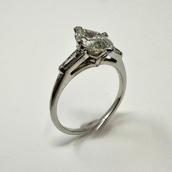 14K White Gold Ring with Marquise and 2 Baguette Diamonds