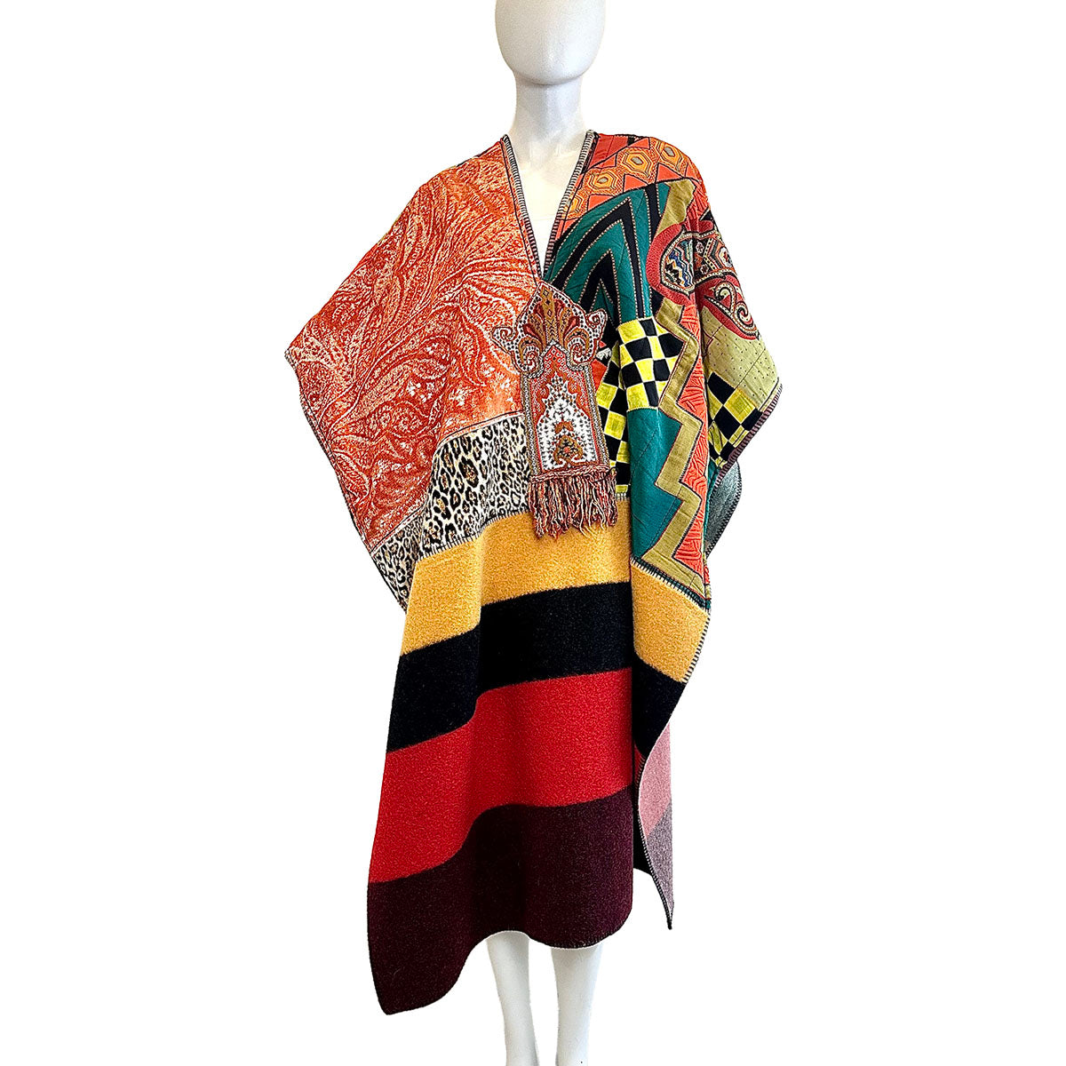 Etro Multi Print Patchwork Wool Blend Poncho