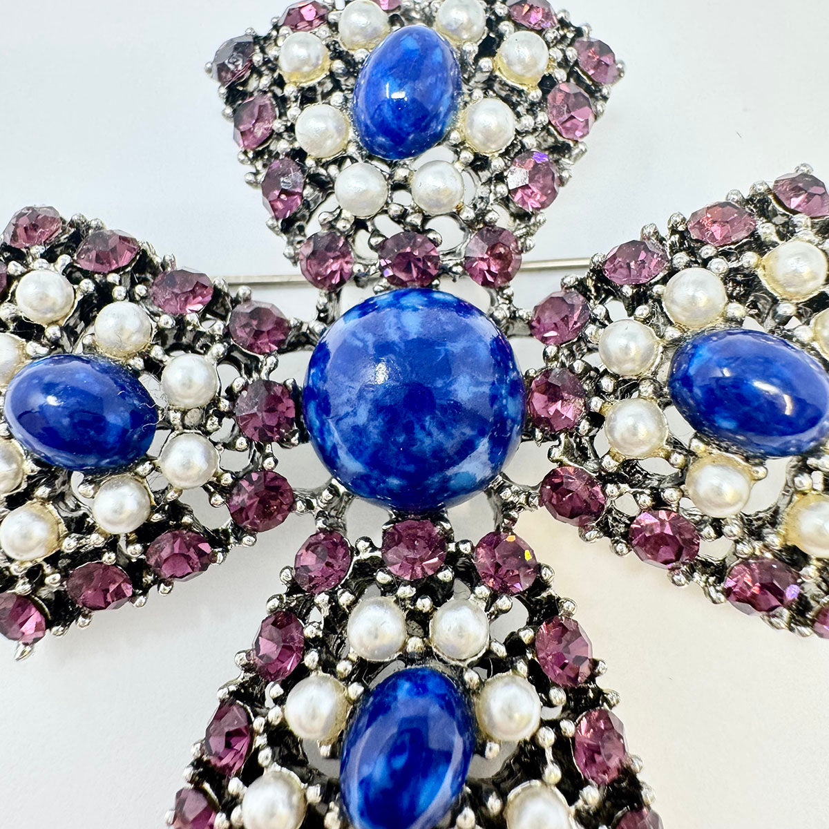 Weiss Crystal and Seed Pearl Maltese Cross Pin