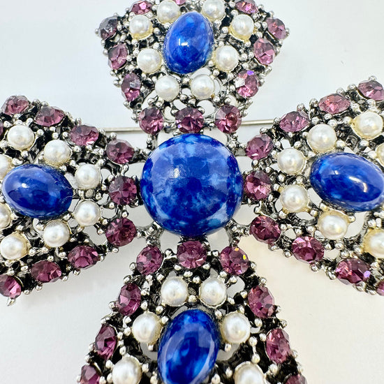 Weiss Crystal and Seed Pearl Maltese Cross Pin