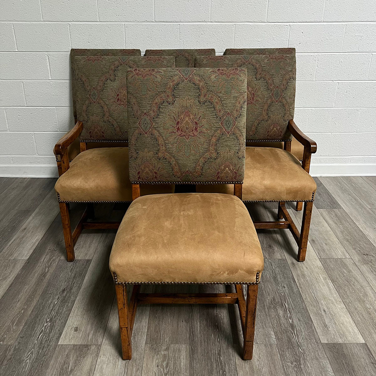 Set Of 6 Micro Suede and Embroidered Fabric Dining Chairs
