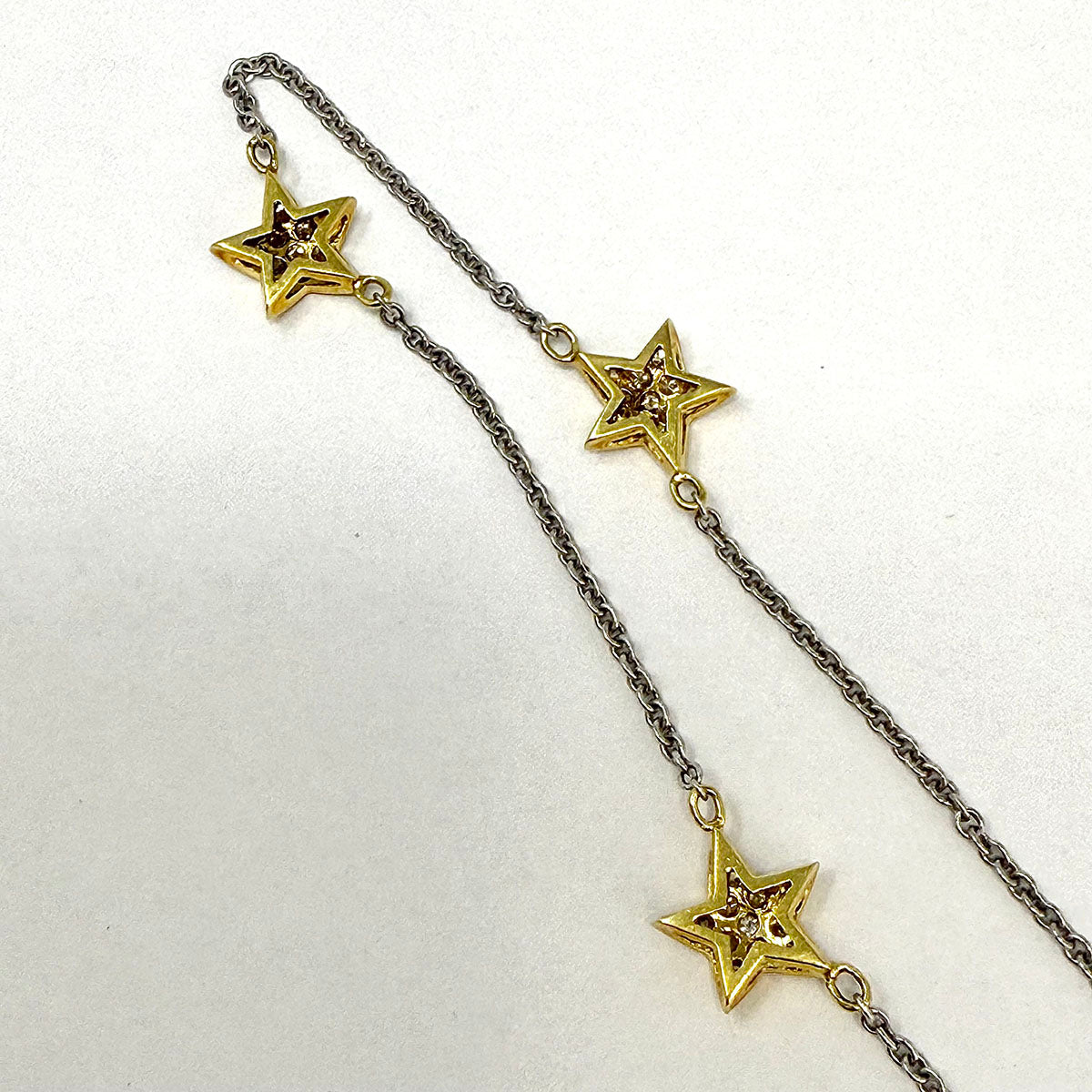 18K White Gold  Necklace with 3 Yellow Gold Stars with Diamonds
