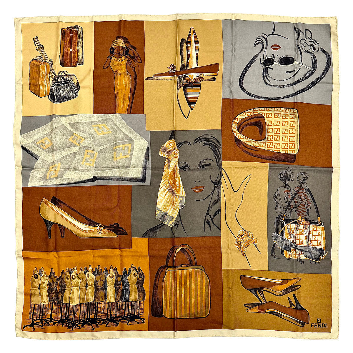 Fendi Scarf Featuring a Collage of Fendi Elements