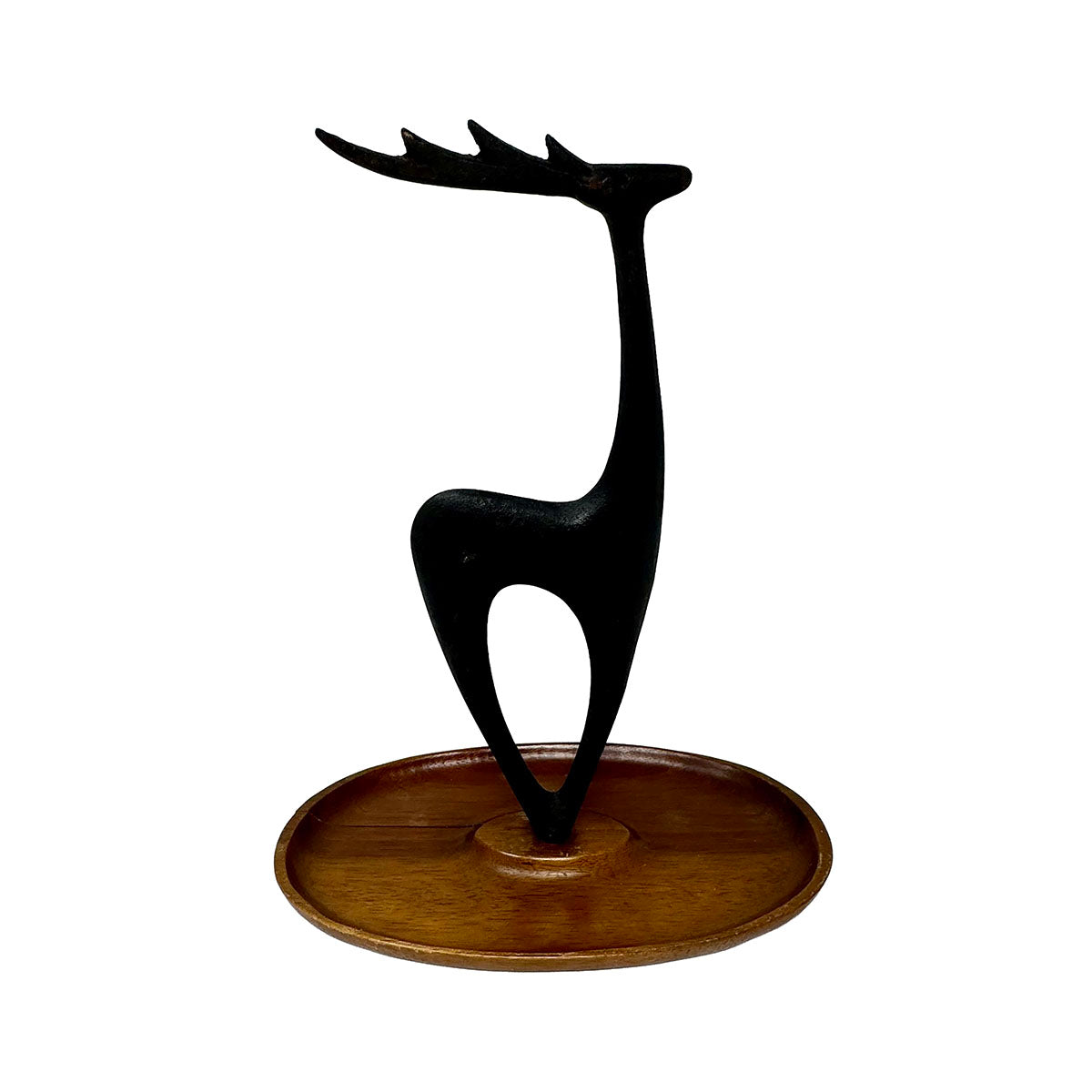 Brutalist Iron Deer with Wood Base/Bowl (small crack)