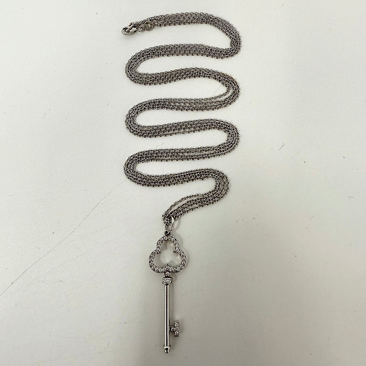14K White Double Chain Necklace with 18K White Gold Diamond Key Pendant