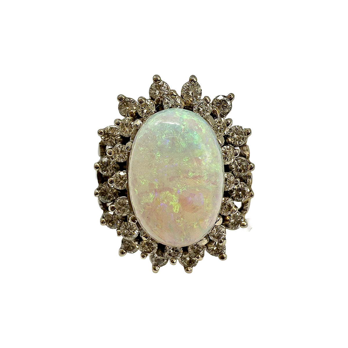 14K White Gold Ring with Opal and Diamond