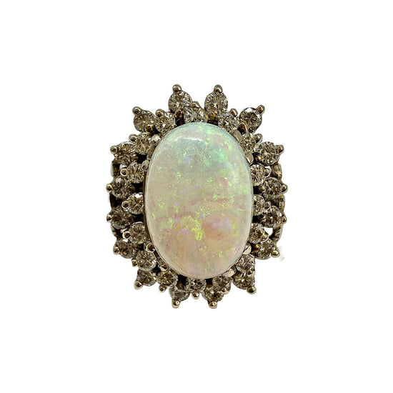 14K White Gold Ring with Opal and Diamond
