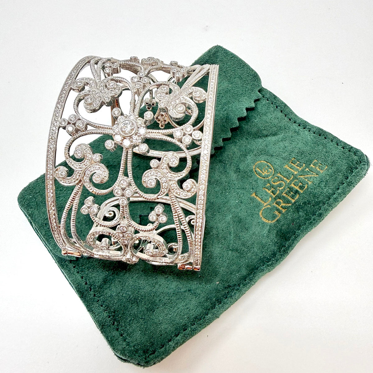 Leslie Greene Wide 18K White Filigree Diamond Cuff Bracelet - appraisal