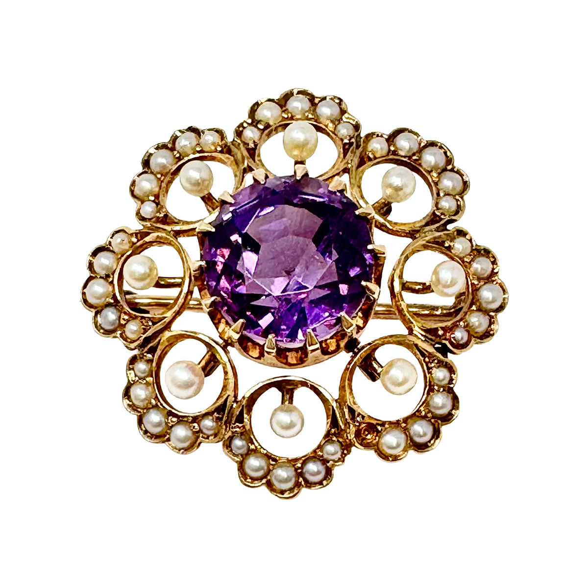 14K Gold Filigree Pin with Amethyst and Seed Pearls