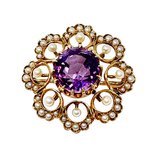14K Gold Filigree Pin with Amethyst and Seed Pearls