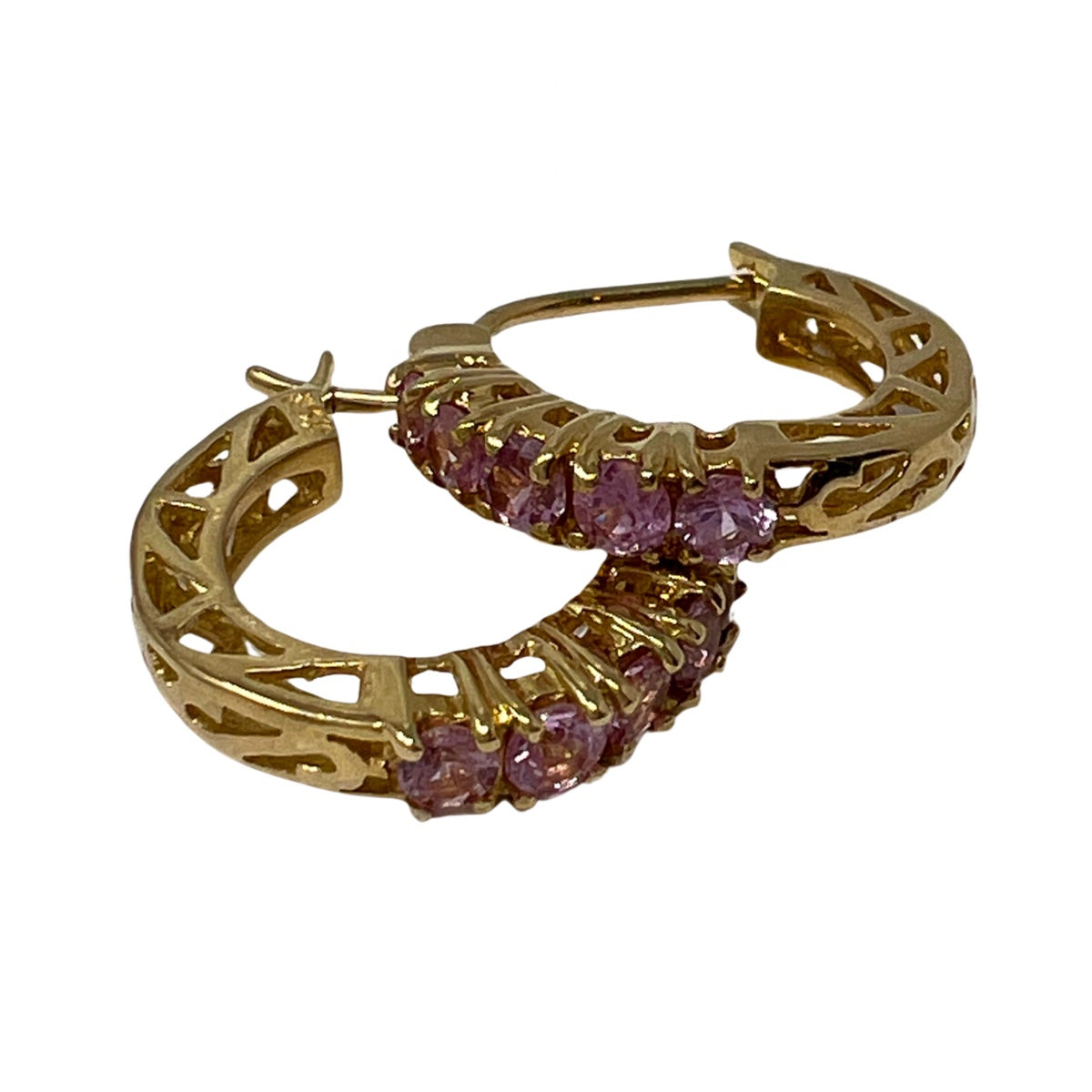 14K Gold Filigree Hoop Earrings with Pink Sapphire