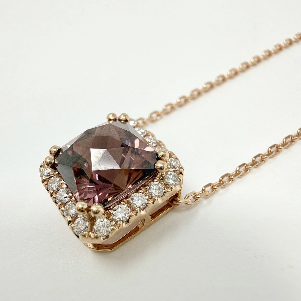 14K Rose Gold Necklace with Pink Tourmaline and Diamond Pendant