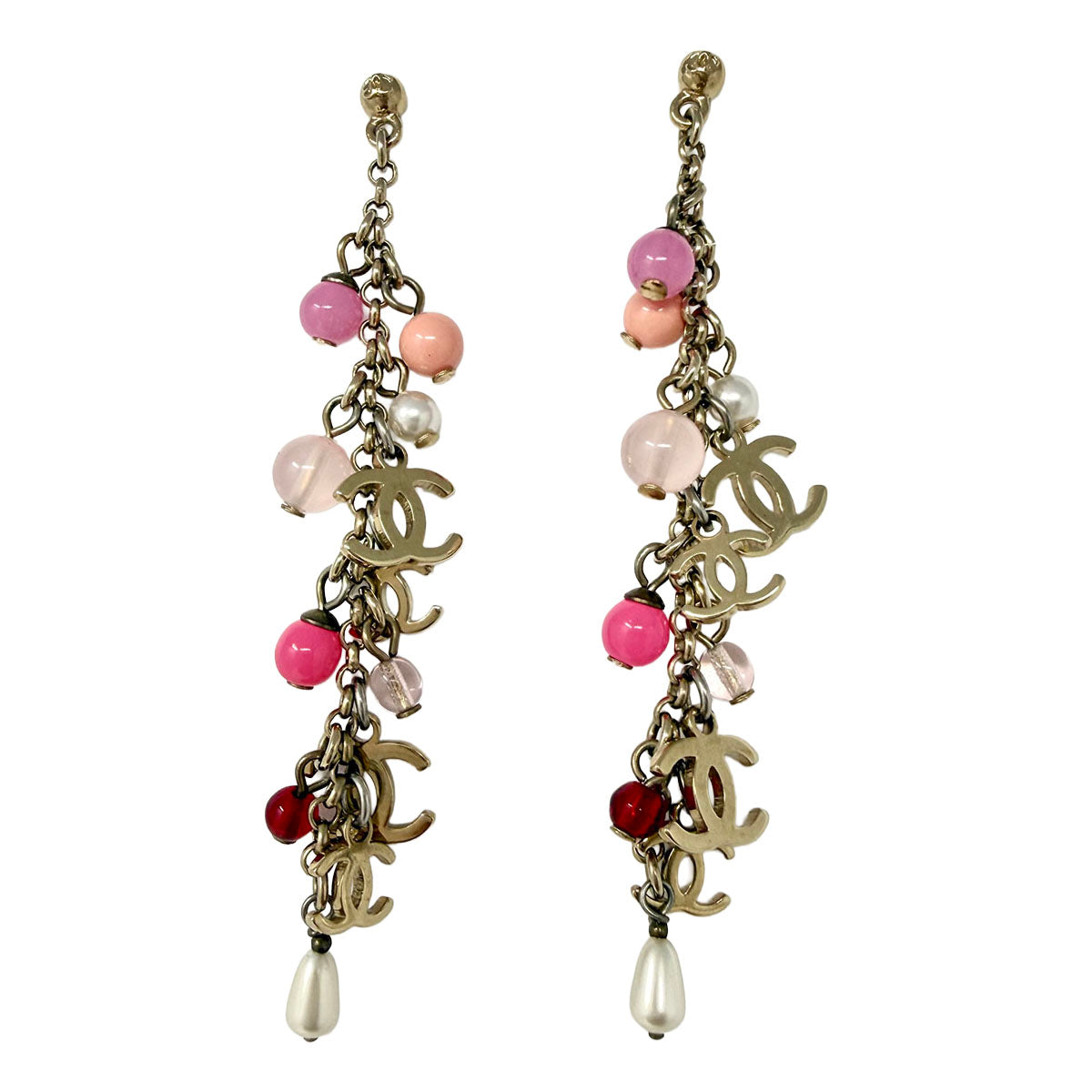 Chanel Pink Dangling Faux Pearl Drop Earrings