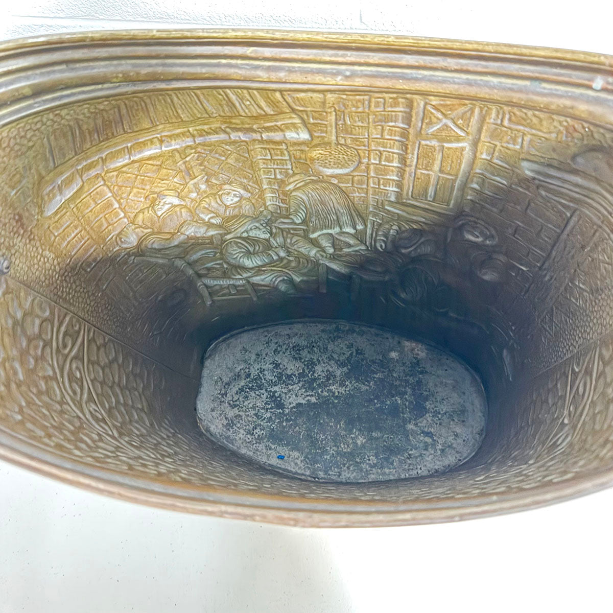 Large Brass Oval Bucket with Embossed Scene 1940's