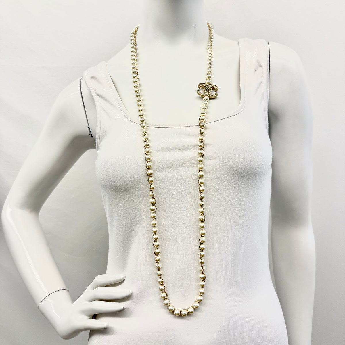 Chanel Long Faux Pearl Necklace with CC Charm