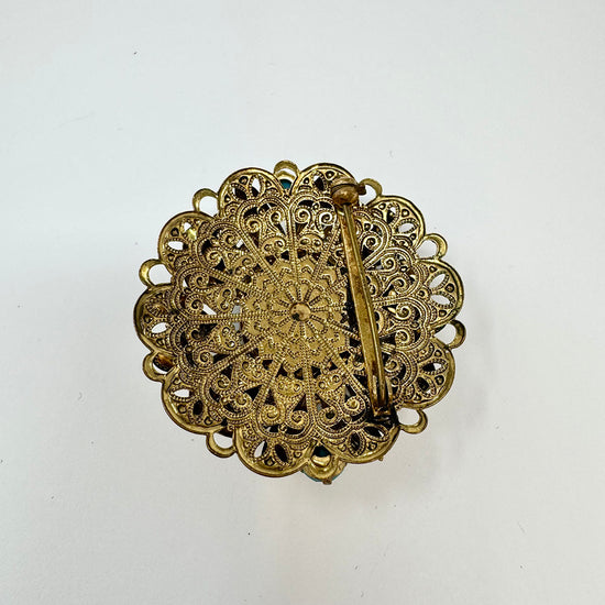 Vintage West German Filigree Brooch Pin with Turquoise GLass Rhinestones