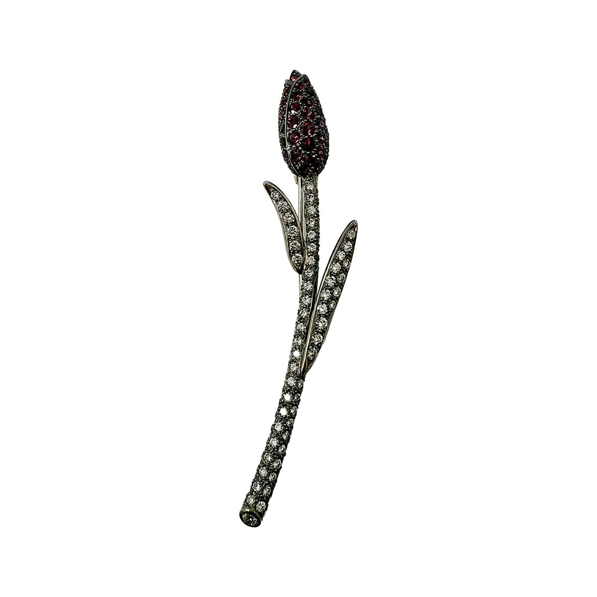 18K White Gold Diamond and Red Sapphire Flower Pin