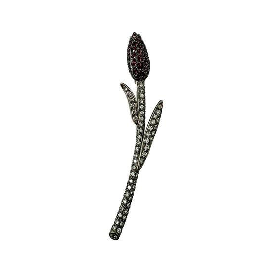 18K White Gold Diamond and Red Sapphire Flower Pin
