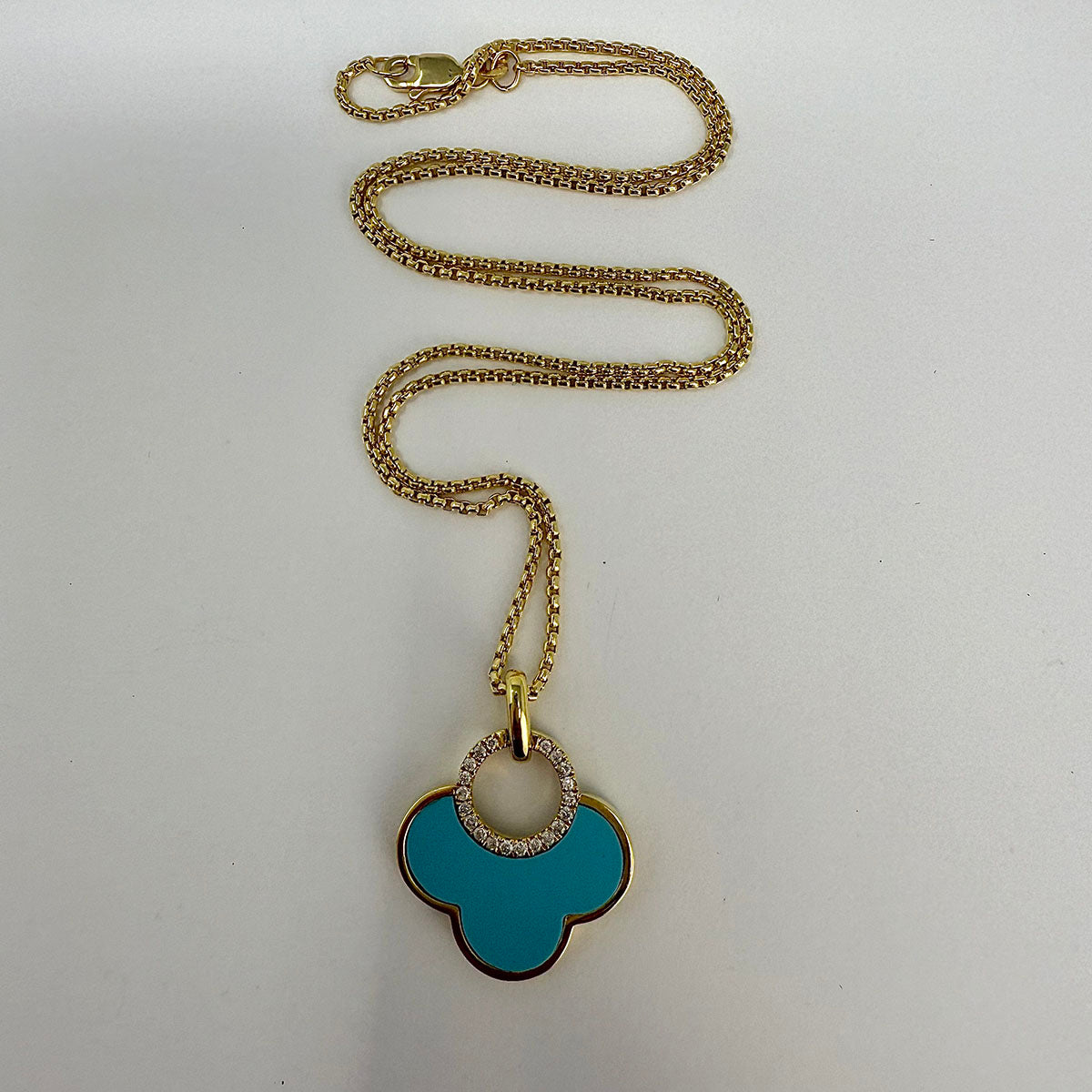 14K Gold Necklace with Turquoise Pendant with Diamond Embellishment