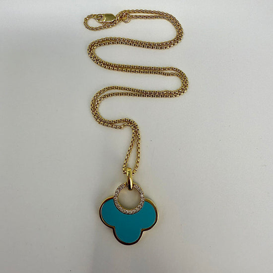14K Gold Necklace with Turquoise Pendant with Diamond Embellishment