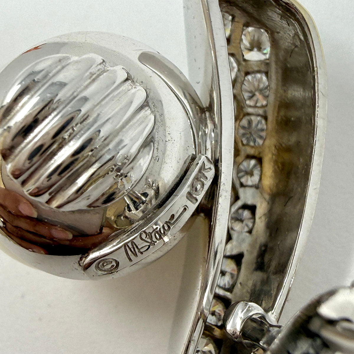 M. Stowe 18K White Gold Earrings with 28 Full Cut Diamonds and 2 South Sea Pearl