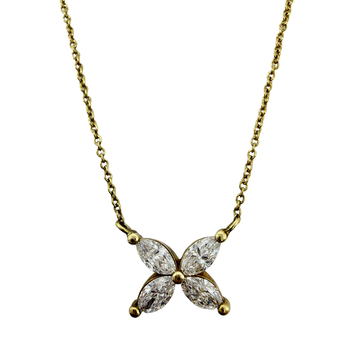 14K Gold Flower Pendant Necklace with 4 Marquise Diamonds