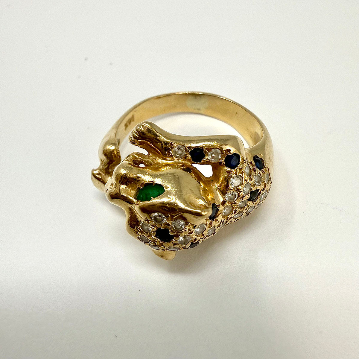 14K Gold Panther Ring with Diamonds, Emerald, Ruby and Sapphire