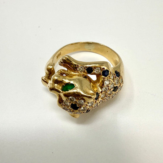 14K Gold Panther Ring with Diamonds, Emerald, Ruby and Sapphire