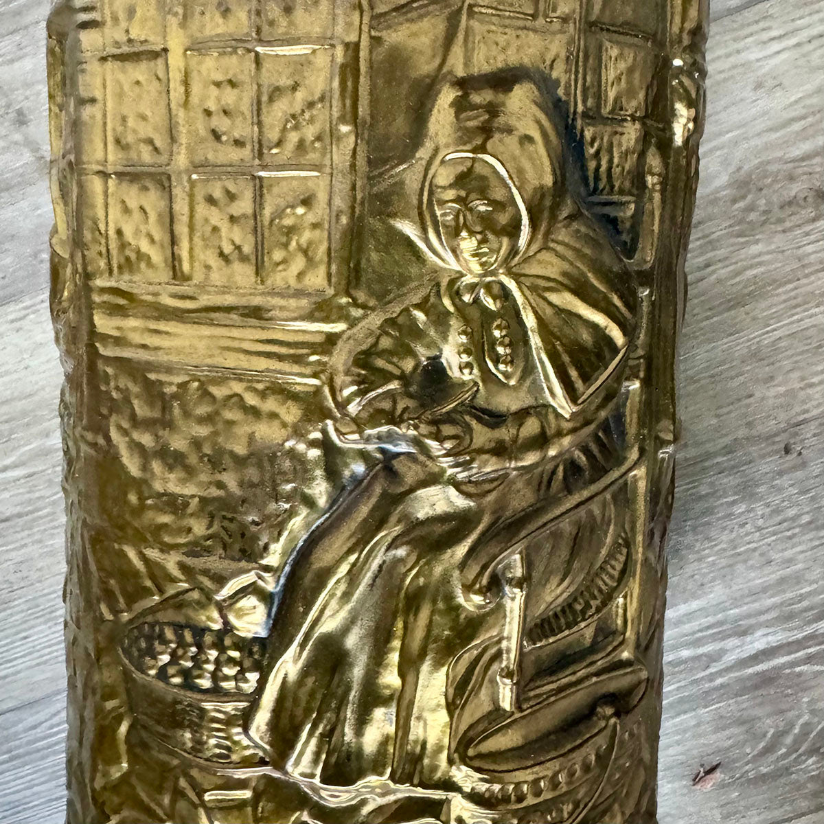 Brass Umbrella Stand with Fireplace Scene