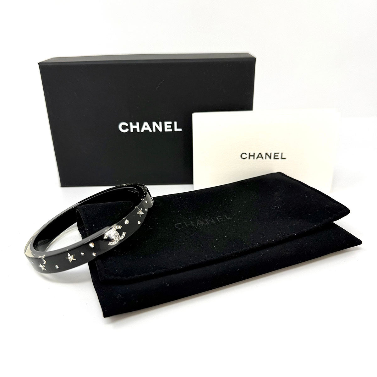 Chanel Black Resin Bangle with CC and Crystal