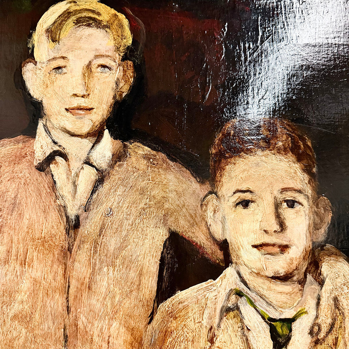 Portrait of 2 Young boys, Oil on Linen unframed, attributed to Leon Karp
