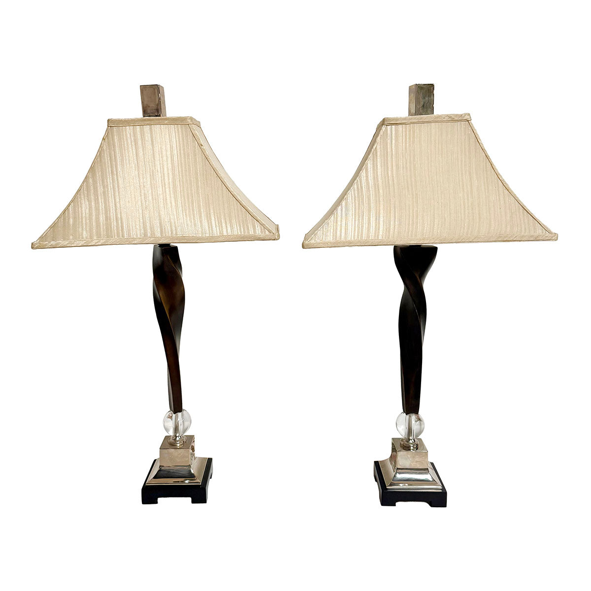 Pair of Twisted Column with Clear Orb and Metal Base Lamps