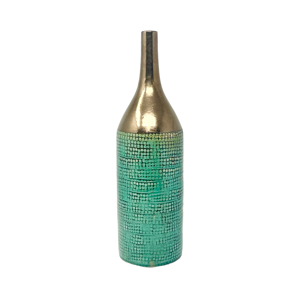 Iridescent Green Vase with Copper Color Collar