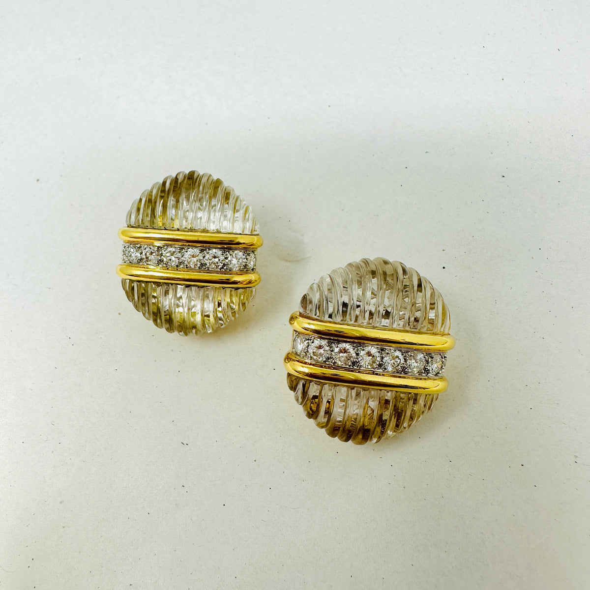 Montreaux 18K Gold Earclip with Carved Crystal and 16 Full Diamonds