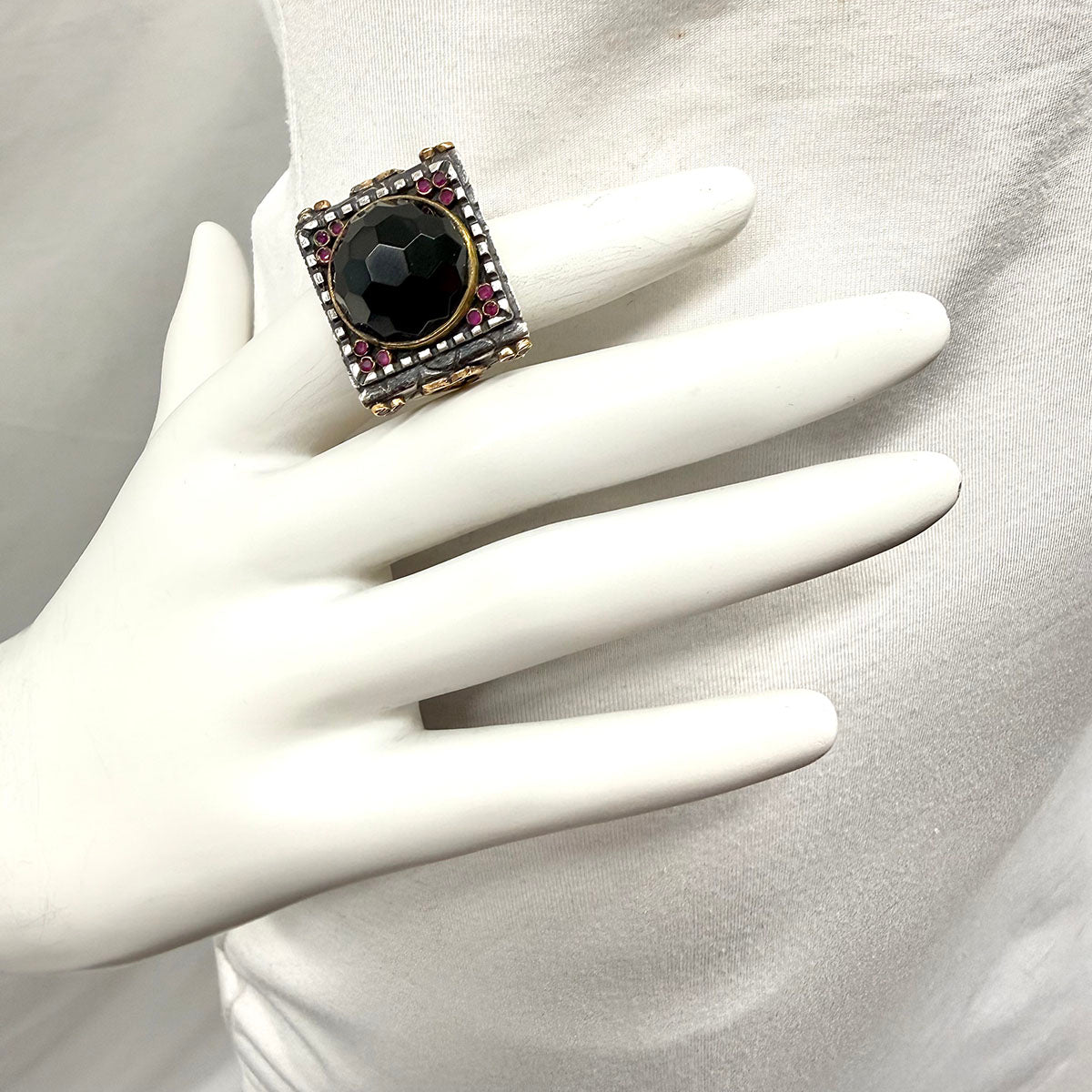 Sterling Silver Statement Ring with Onyx and Ruby