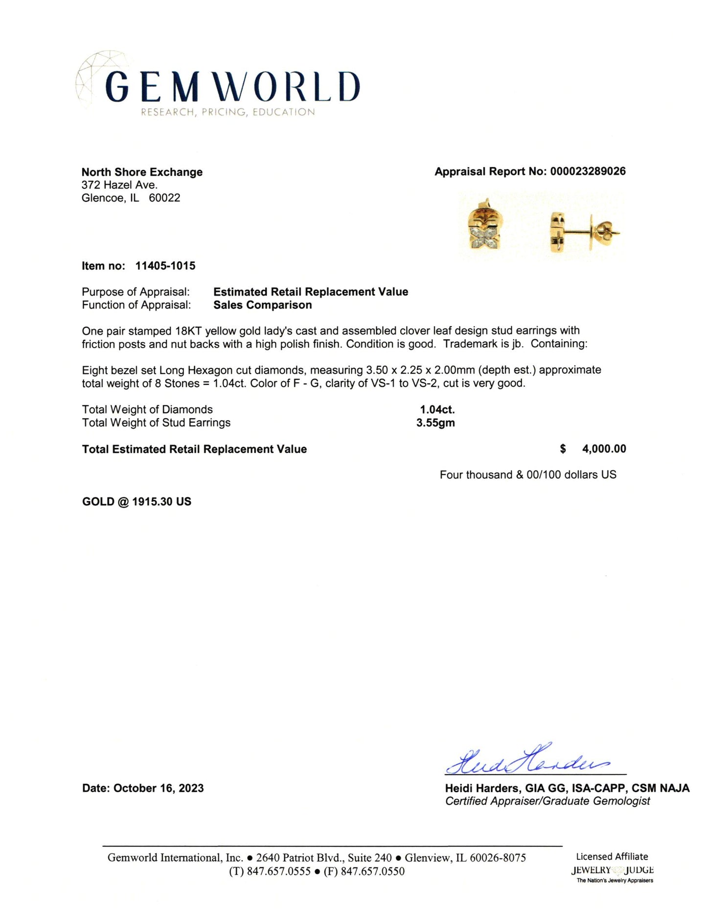 18K Gold Stud Earrings with Hexagon Shaped Diamonds