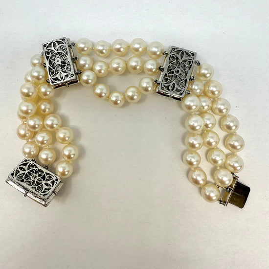 3 Strand Pearl Bracelet with Diamonds
