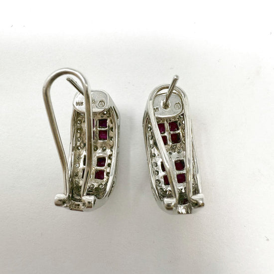 14K White Gold Huggie Earrings with Ruby and Diamonds