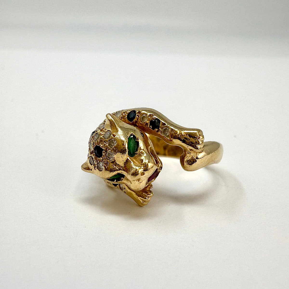 14K Gold Panther Ring with Diamonds, Emerald, Ruby and Sapphire