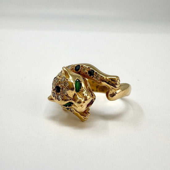 14K Gold Panther Ring with Diamonds, Emerald, Ruby and Sapphire