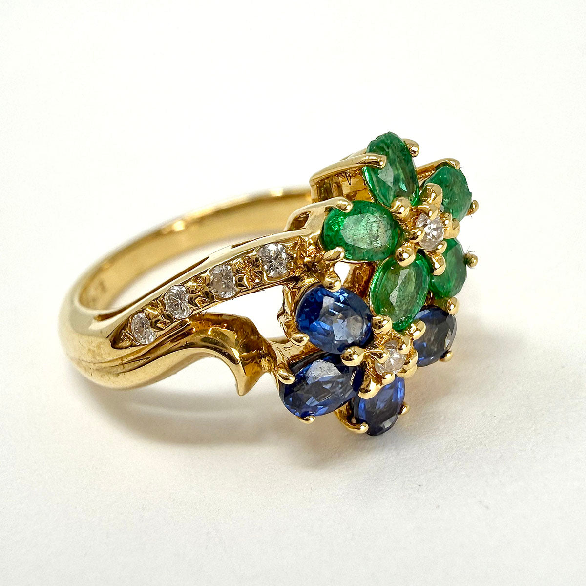 18K Gold with Emerald and Sapphire Flowers with Diamonds