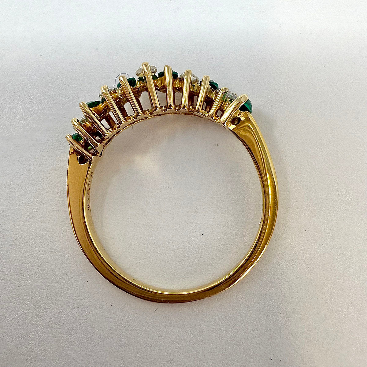 18K Gold Wavy Ring with 6 Emeralds and 5 Marquise Diamonds