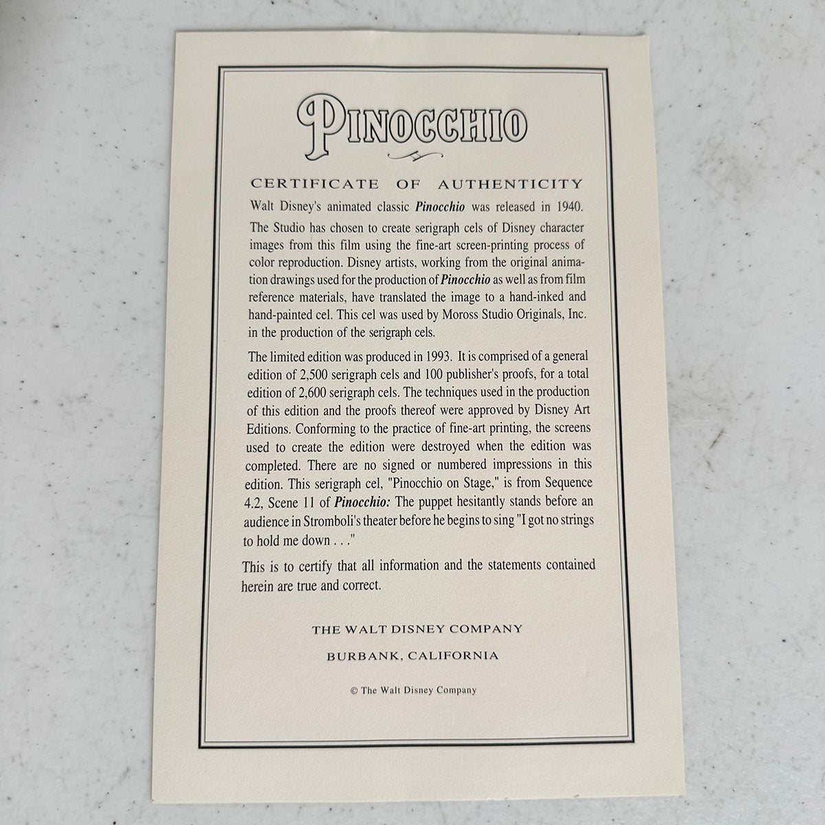 Disney Limited Edition "Pinocchio" COA included