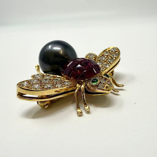 18K Gold Bee Pin with Tahitian Peal, Diamond, Ruby and Tsavorites