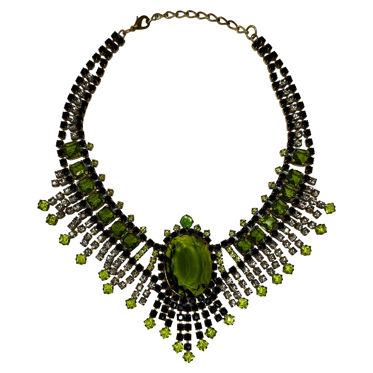 Egyptian Revival Green Crystal and Rhinestone Bib Necklace